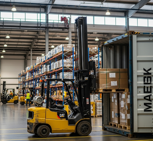 Forklift loading a container