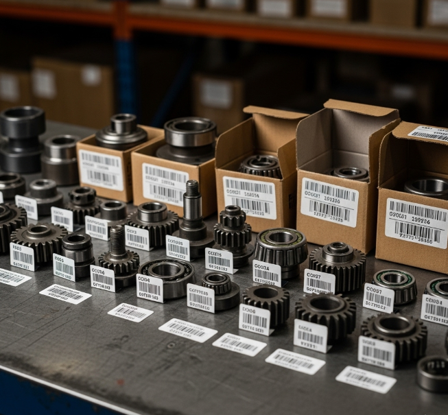 Industrial spare parts on table with codes